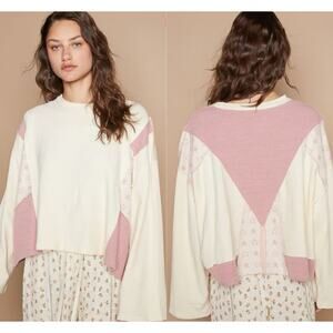 POL Colorblock Cream Mauve Star Long Sleeve Patchwork Top Size Small